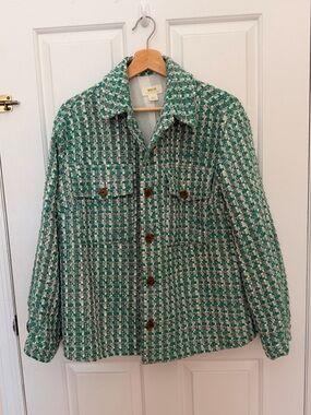 Maeve by Anthropologie Green Tweed Button-Front Jacket with Brown Buttons